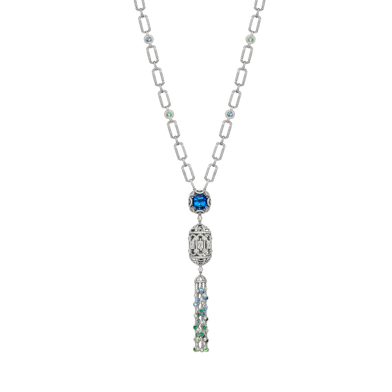 Platinum Lady Alice's Temple pendant necklace featuring a cushion aquamarine, diamonds, and green tourmaline tassel.