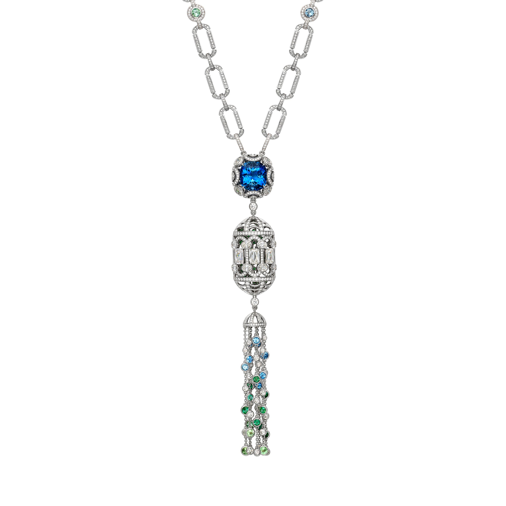 The Palace Collection Lady Alice's Temple platinum pendant with a cushion aquamarine, diamonds, and a gemstone tassel.