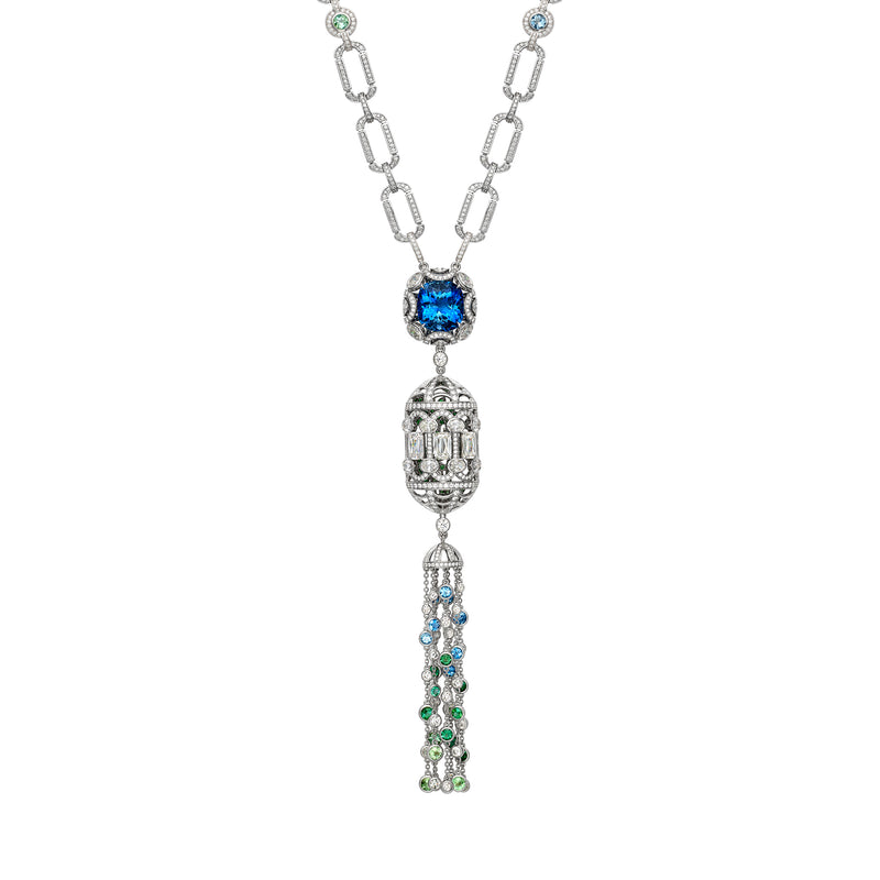 The Palace Collection Lady Alice's Temple platinum pendant with a cushion aquamarine, diamonds, and a gemstone tassel.