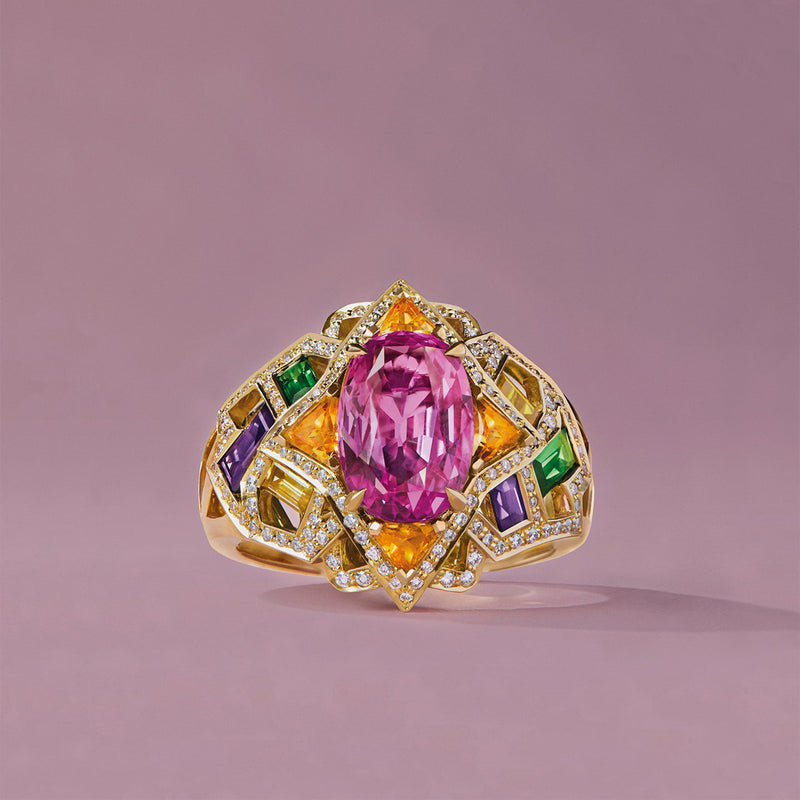 A Family Journey Barcelona Pink Sapphire Yellow Gold Ring
