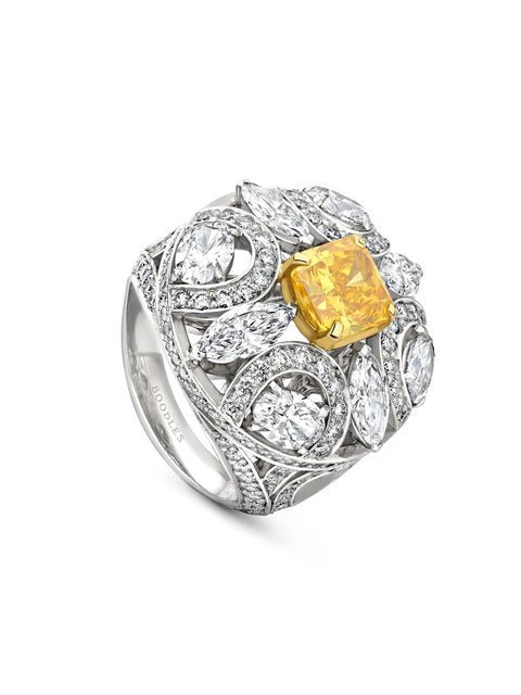 Scroll Radiant Cut Yellow Diamond Platinum Ring