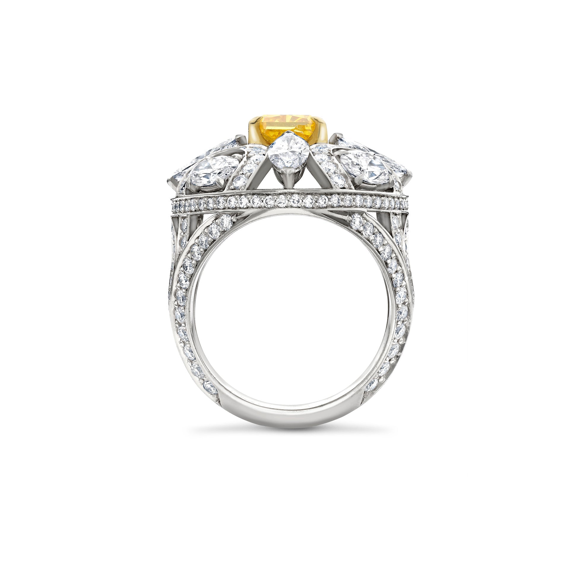 Scroll Radiant Cut Yellow Diamond Platinum Ring