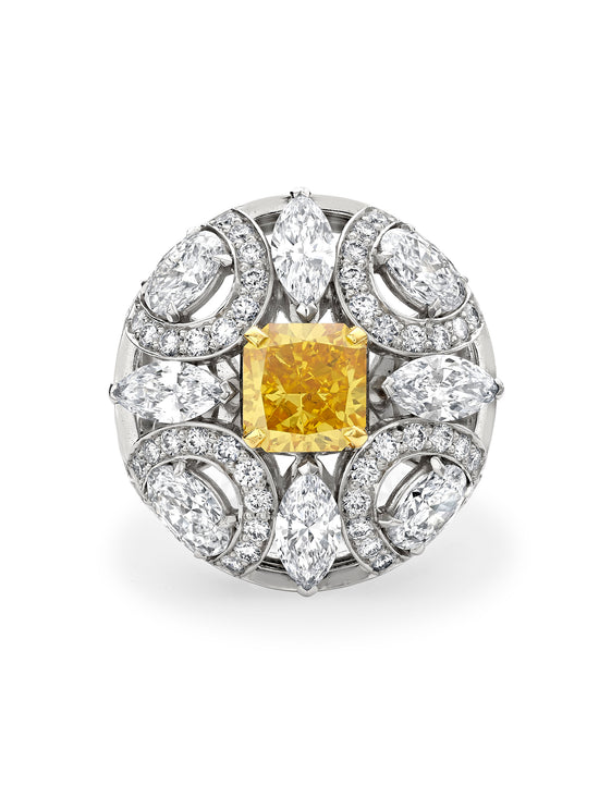 Scroll Radiant Cut Yellow Diamond Platinum Ring