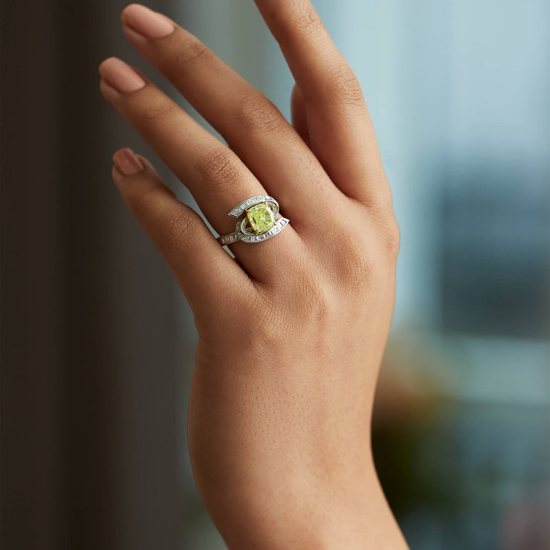 Swirl Design Platinum Cushion Yellow Diamond Ring