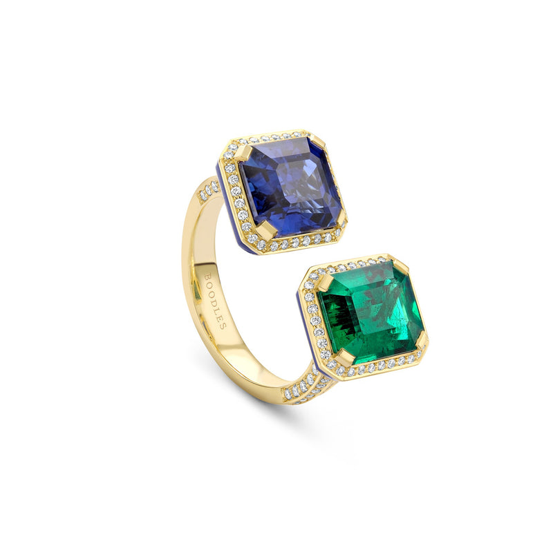 Gemini Emerald and Sapphire Yellow Gold Ring
