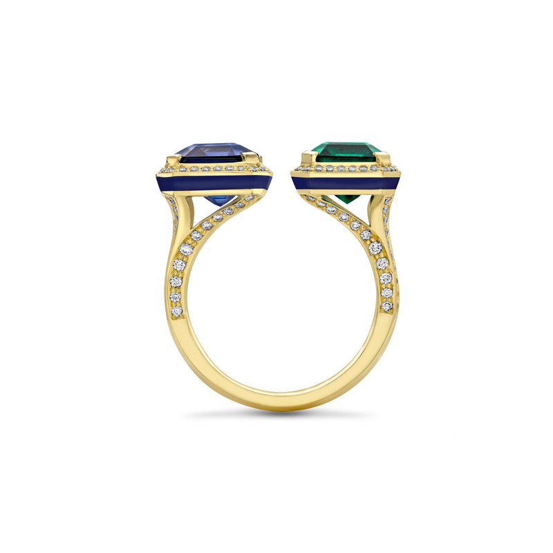 Gemini Emerald and Sapphire Yellow Gold Ring
