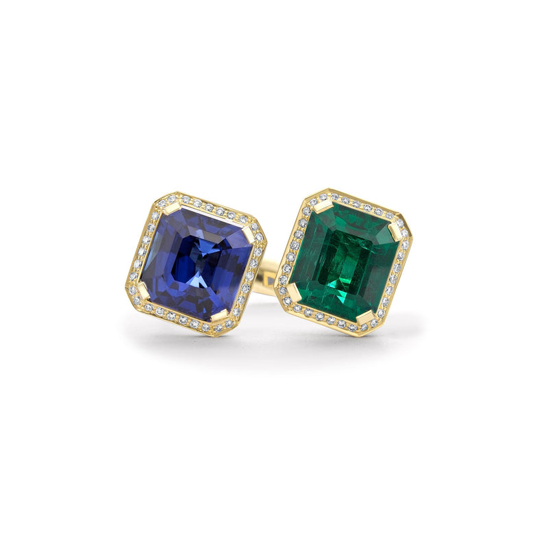 Gemini Emerald and Sapphire Yellow Gold Ring