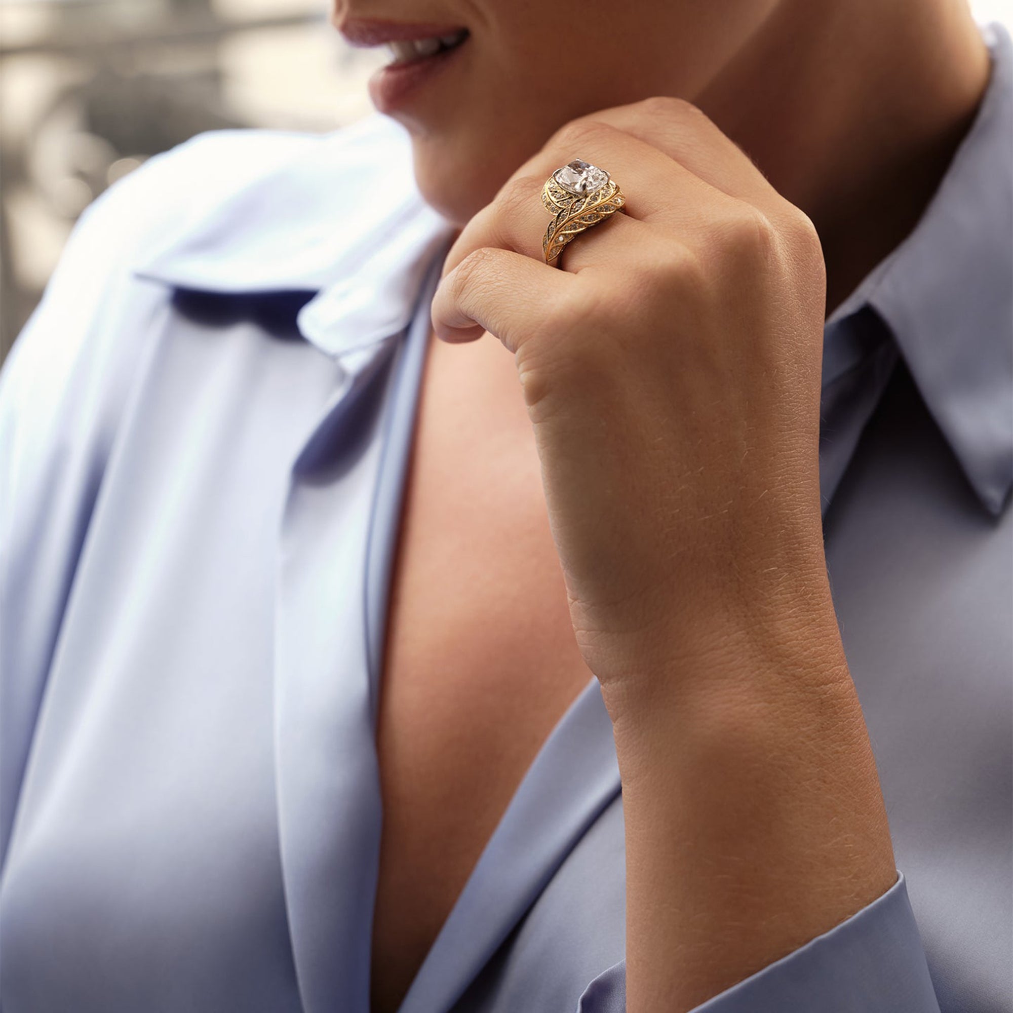 Peace of Mined Cushion Diamond Platinum and Yellow Gold Ring