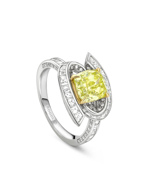 Swirl Design Platinum Cushion Yellow Diamond Ring