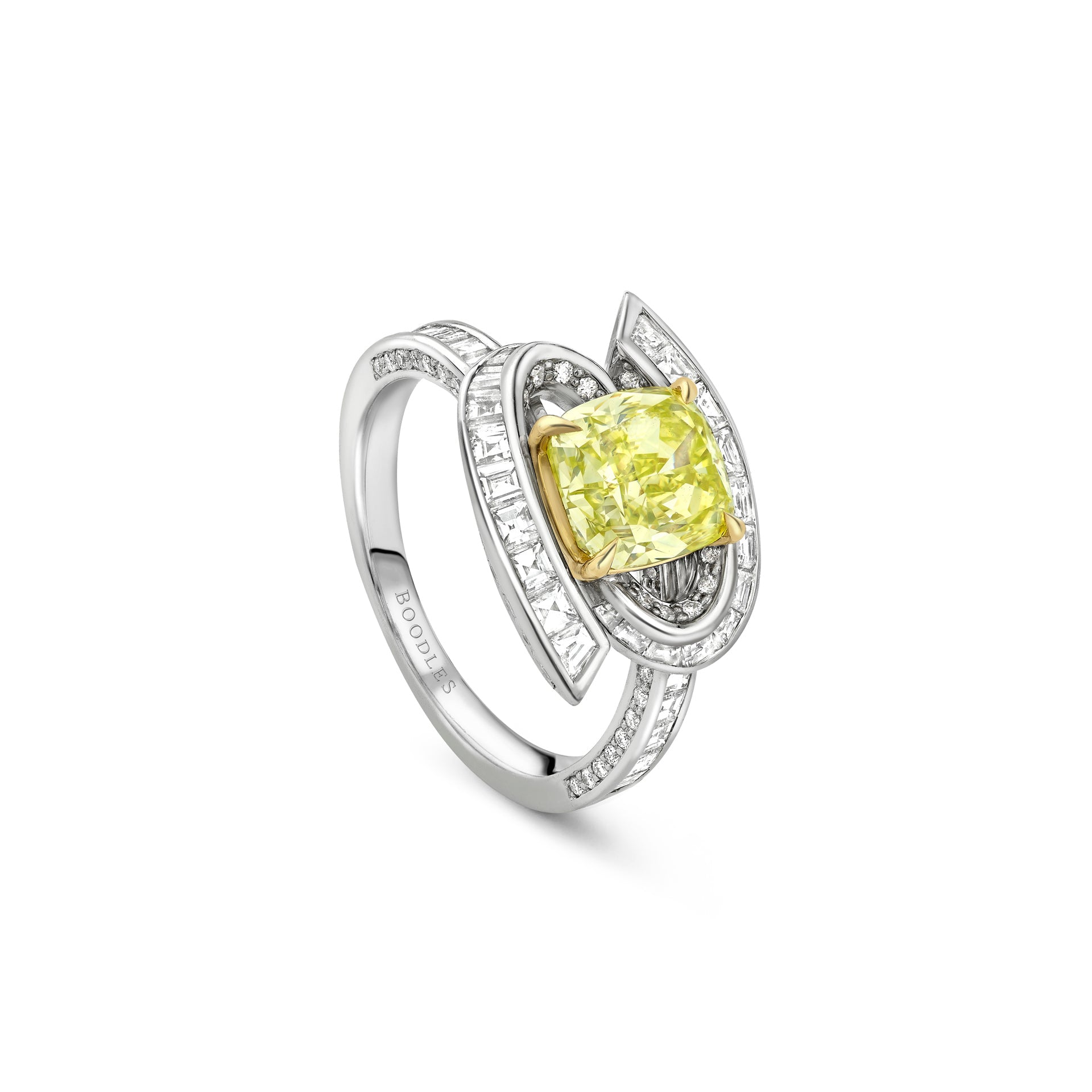 Swirl Design Platinum Cushion Yellow Diamond Ring