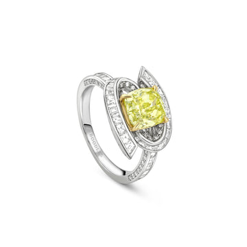 Swirl Design Platinum Cushion Yellow Diamond Ring