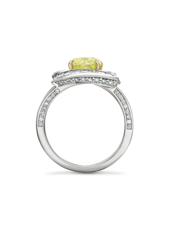 Swirl Design Platinum Cushion Yellow Diamond Ring