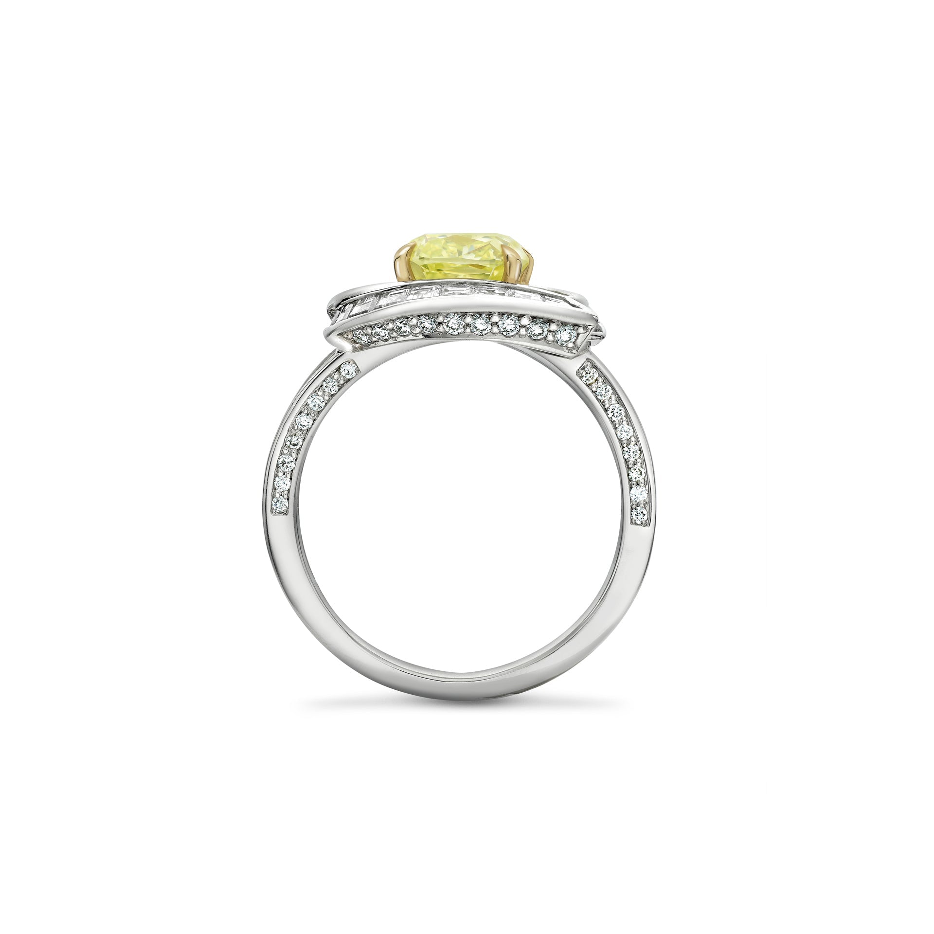 Swirl Design Platinum Cushion Yellow Diamond Ring