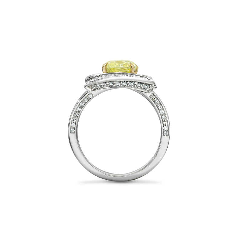 Swirl Design Platinum Cushion Yellow Diamond Ring