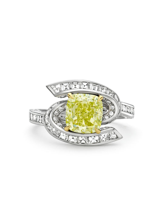 Swirl Design Platinum Cushion Yellow Diamond Ring