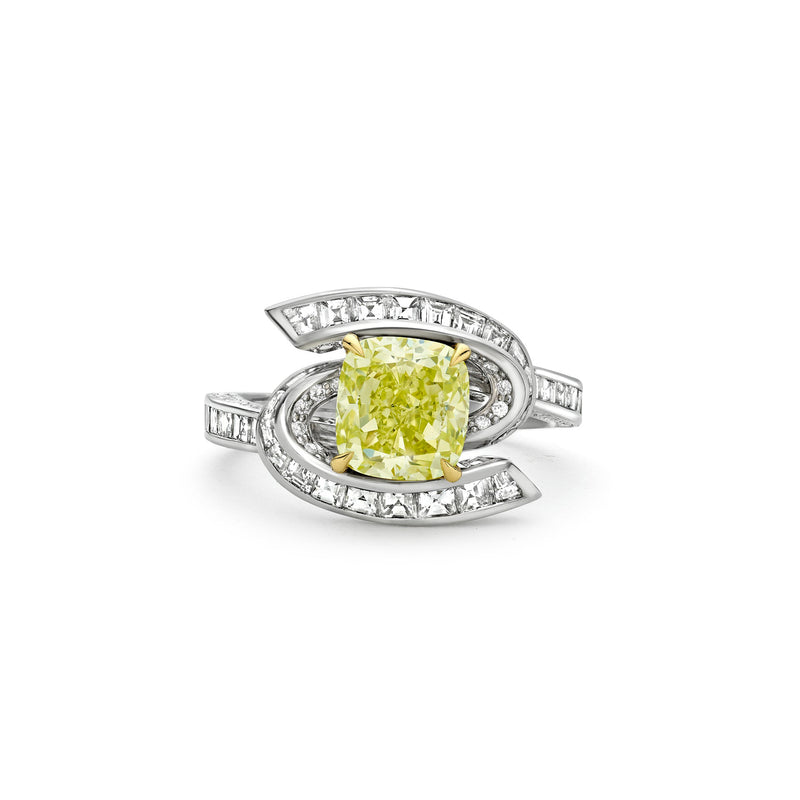 Swirl Design Platinum Cushion Yellow Diamond Ring