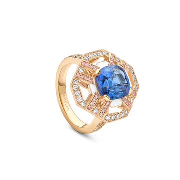 Fifth Avenue Cushion Sapphire and Pink Diamond Yellow Gold Ring