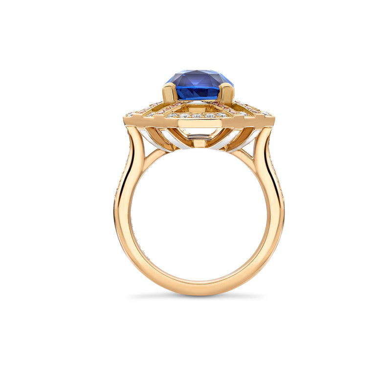 Fifth Avenue Cushion Sapphire and Pink Diamond Yellow Gold Ring