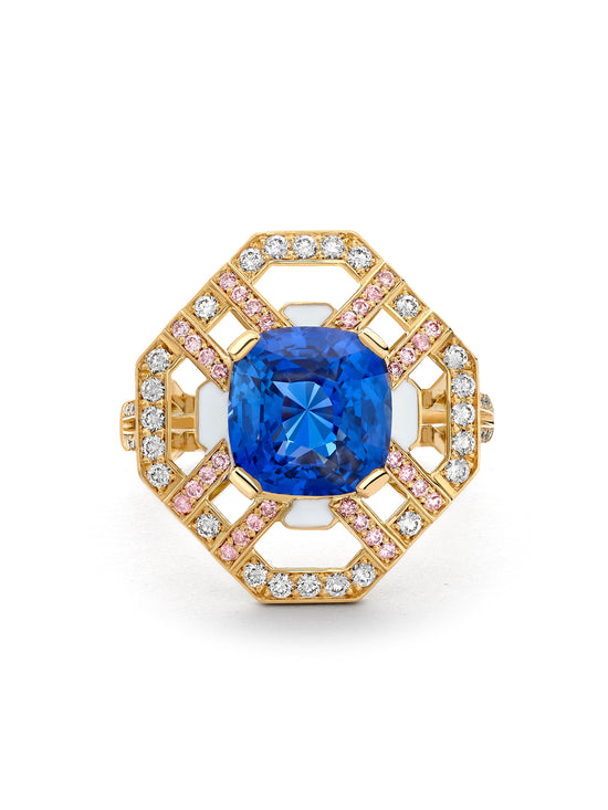 Fifth Avenue Cushion Sapphire and Pink Diamond Yellow Gold Ring