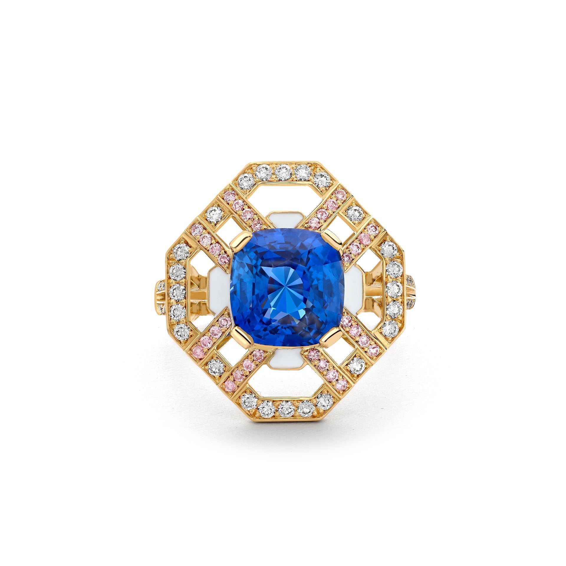 Fifth Avenue Cushion Sapphire and Pink Diamond Yellow Gold Ring