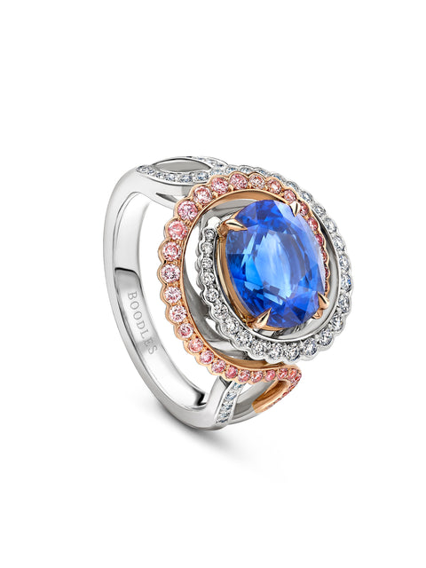 Monaco Oval Sapphire and Pink Diamond Platinum Ring
