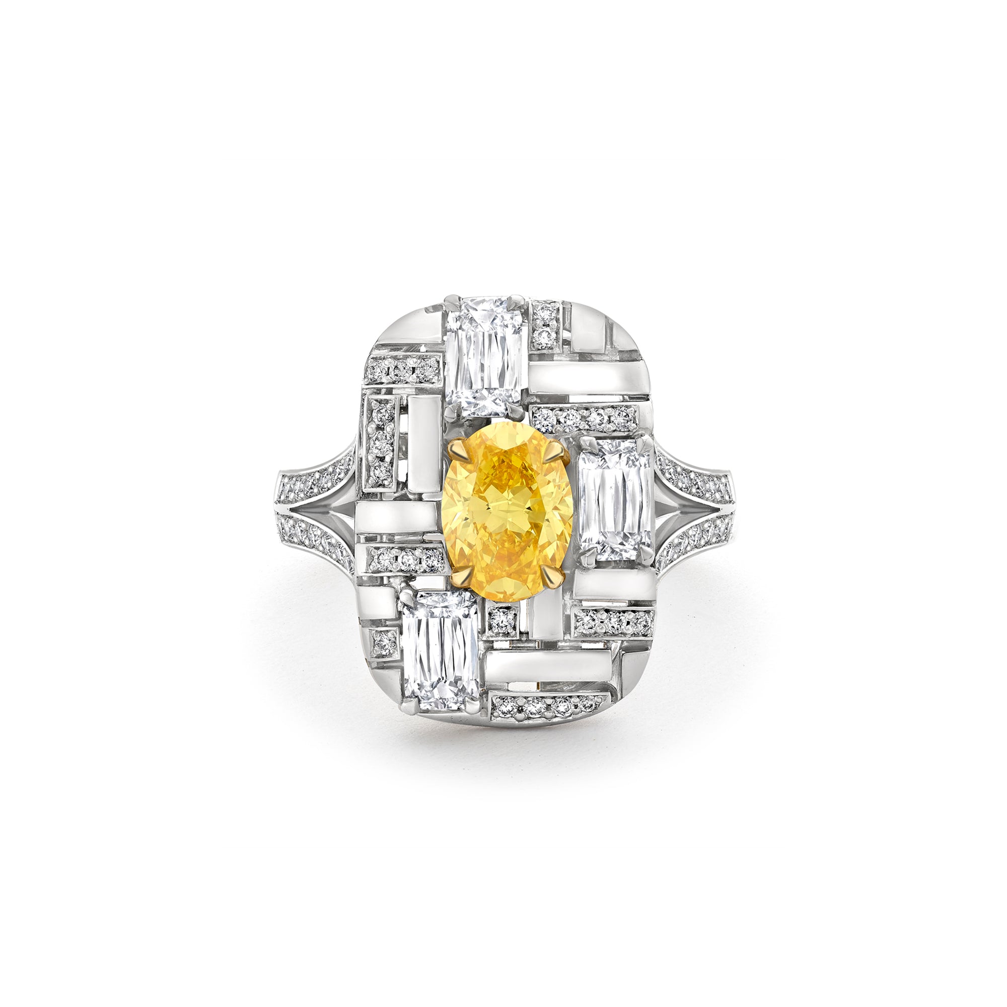Geometric Oval Yellow Diamond Platinum Ring