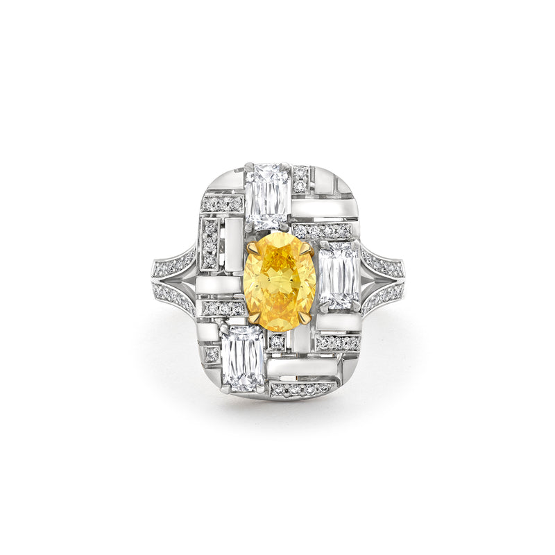 Geometric Oval Yellow Diamond Platinum Ring