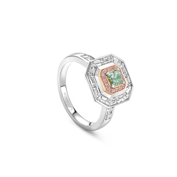 Vintage Radiant Cut Green Diamond and Pink Diamond Ring