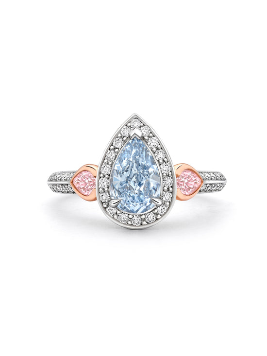 Vintage Pear Blue Diamond Platinum and Rose Gold Ring
