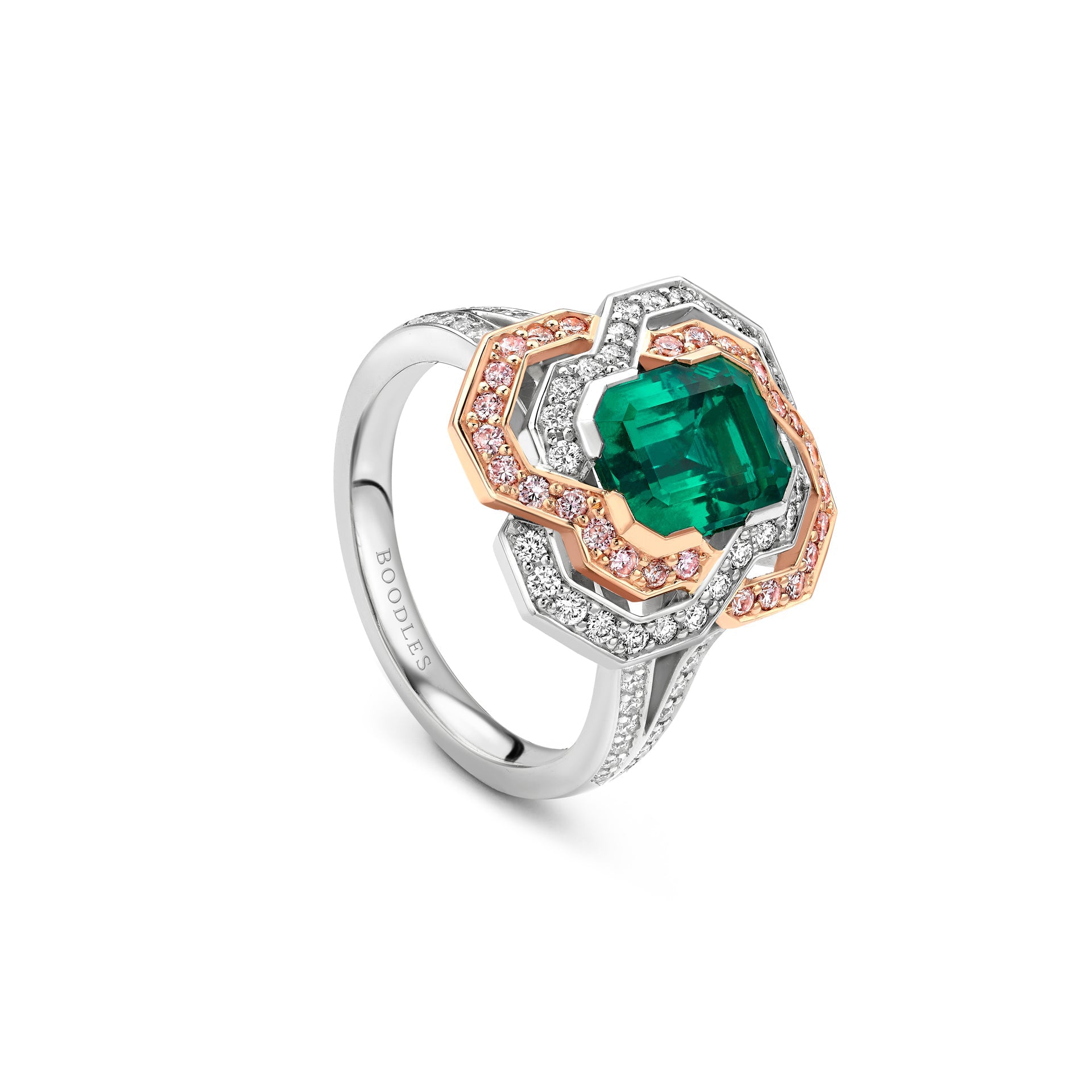 Pavilion Emerald and Pink Diamond Platinum Ring