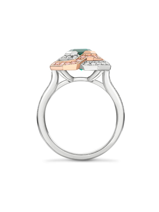 Pavilion Emerald and Pink Diamond Platinum Ring