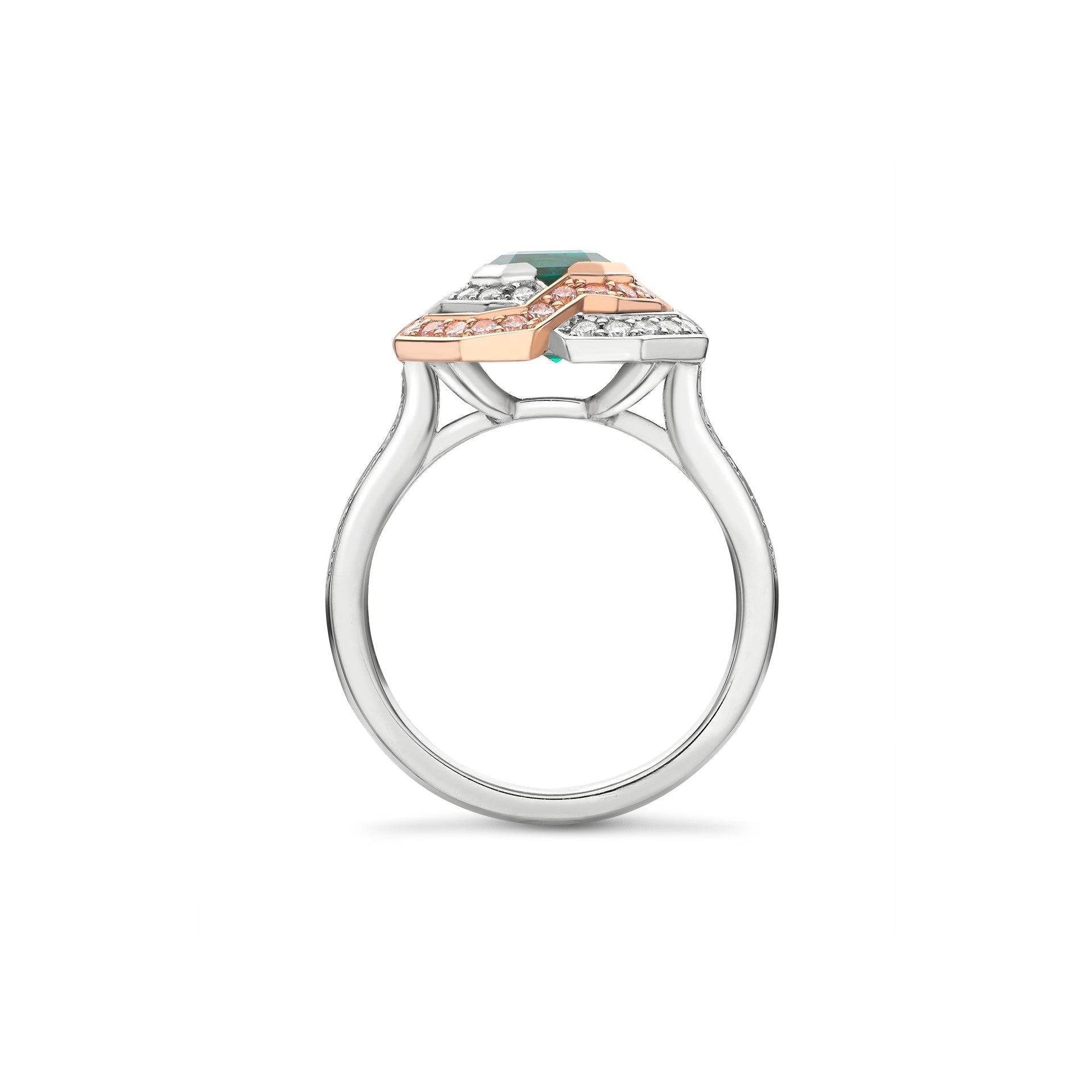 Pavilion Emerald and Pink Diamond Platinum Ring