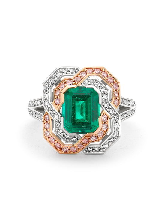Pavilion Emerald and Pink Diamond Platinum Ring
