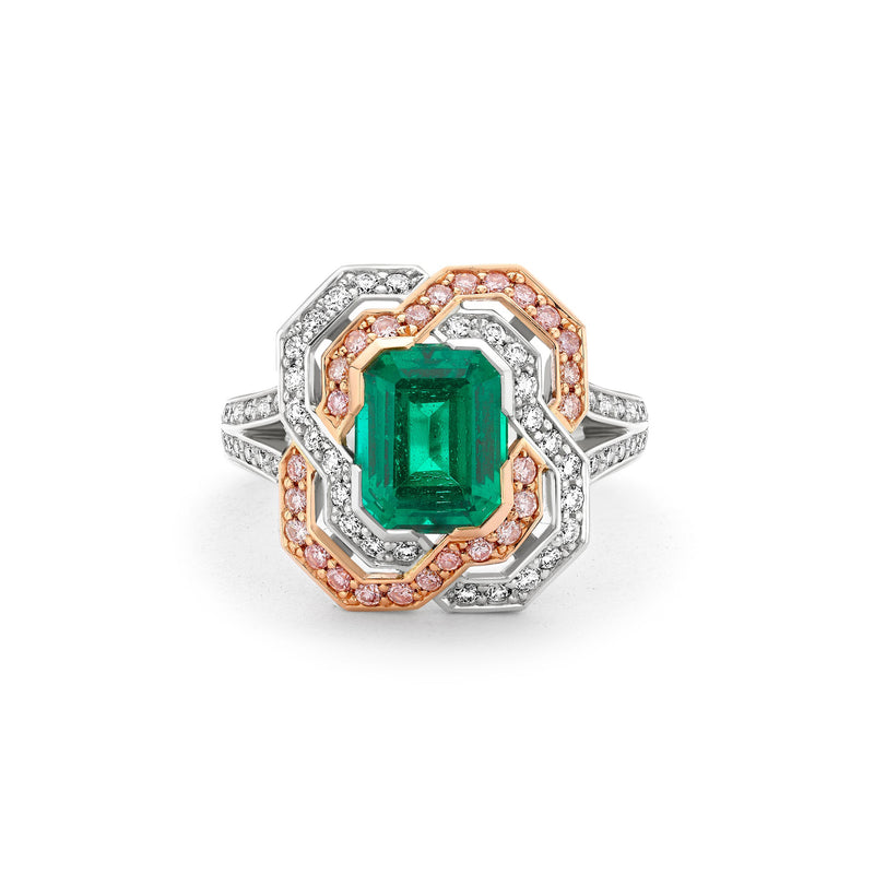Pavilion Emerald and Pink Diamond Platinum Ring