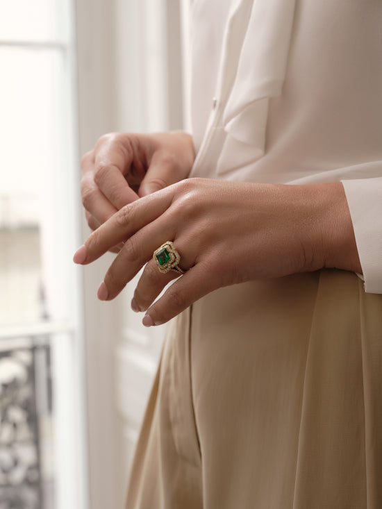 Pavilion Emerald and Diamond Yellow Gold Ring