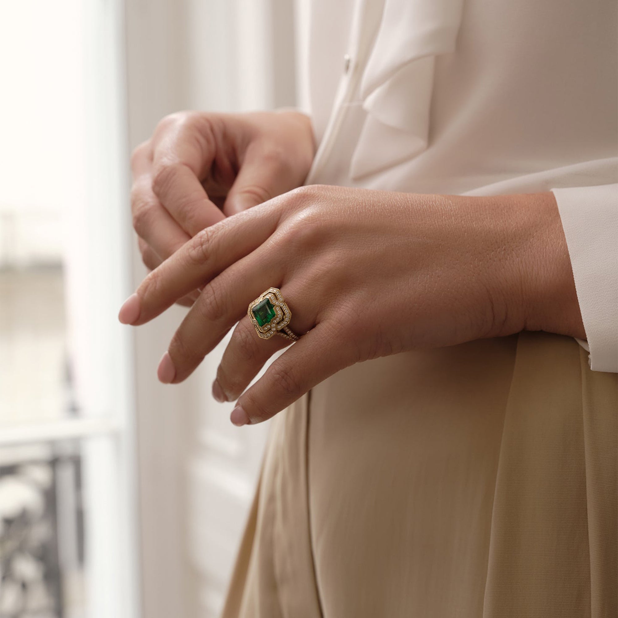 Pavilion Emerald and Diamond Yellow Gold Ring