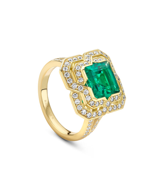 Pavilion Emerald and Diamond Yellow Gold Ring