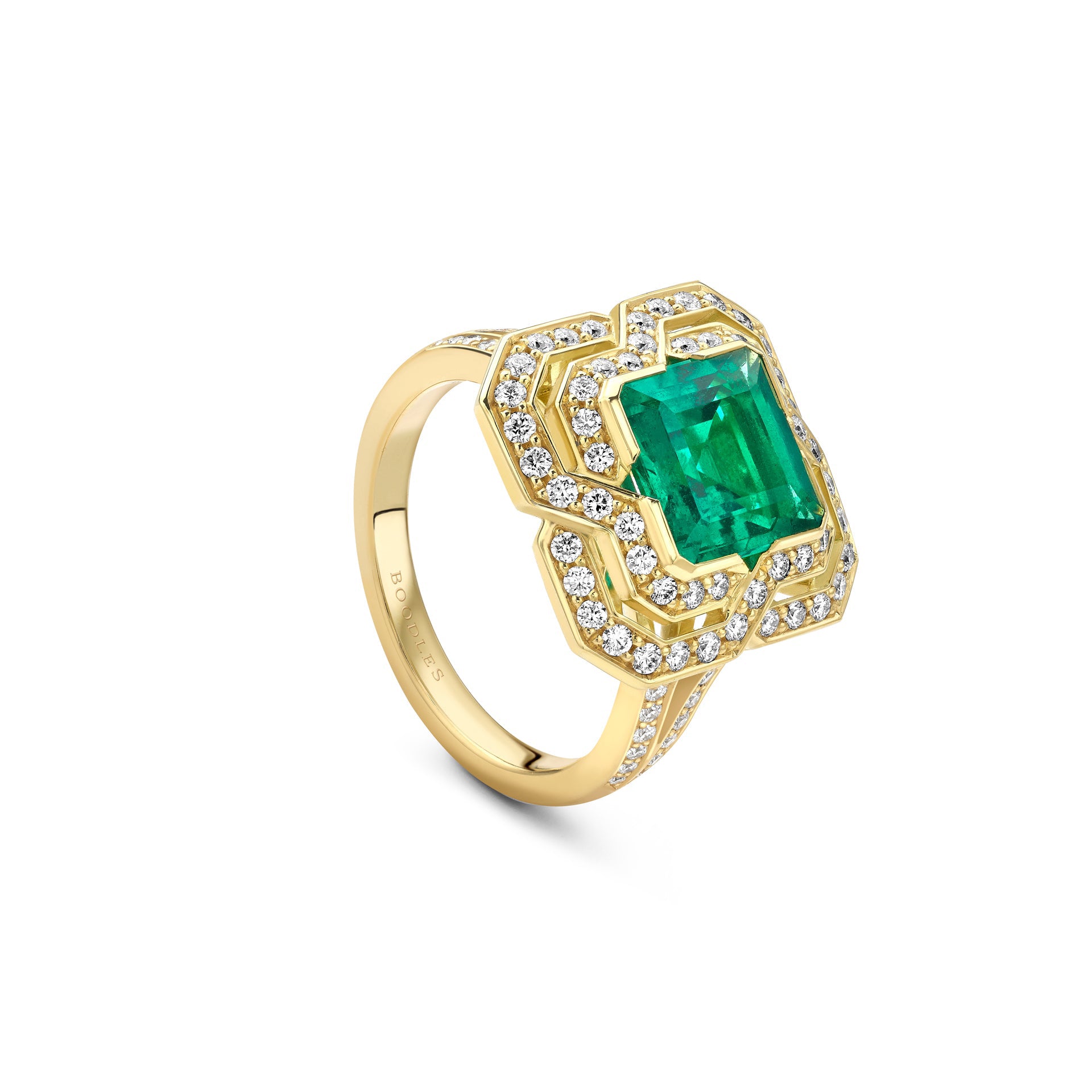 Pavilion Emerald and Diamond Yellow Gold Ring