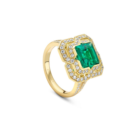 Pavilion 18-carat yellow gold ring featuring an octagonal emerald and a stepped white diamond halo.