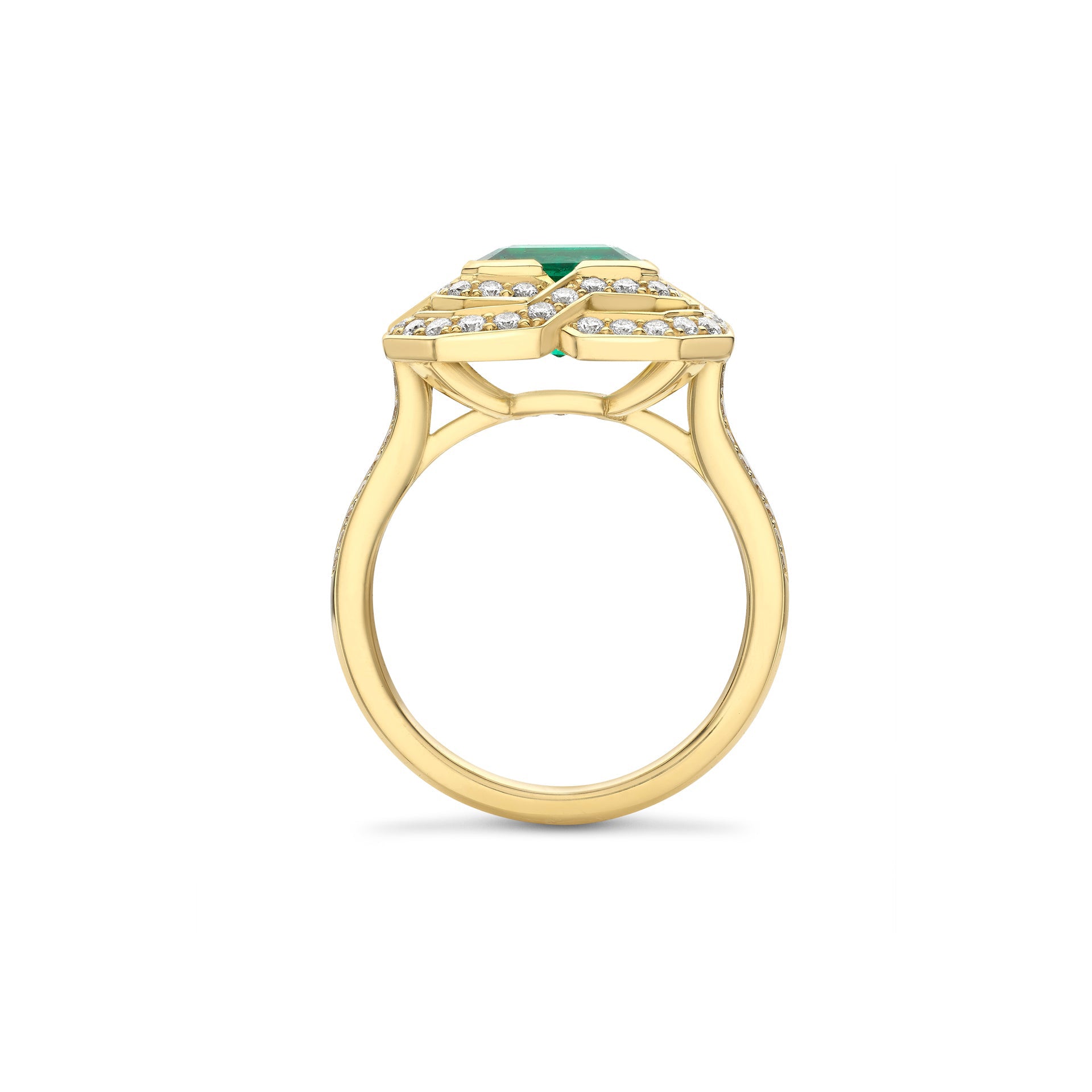 Pavilion Emerald and Diamond Yellow Gold Ring