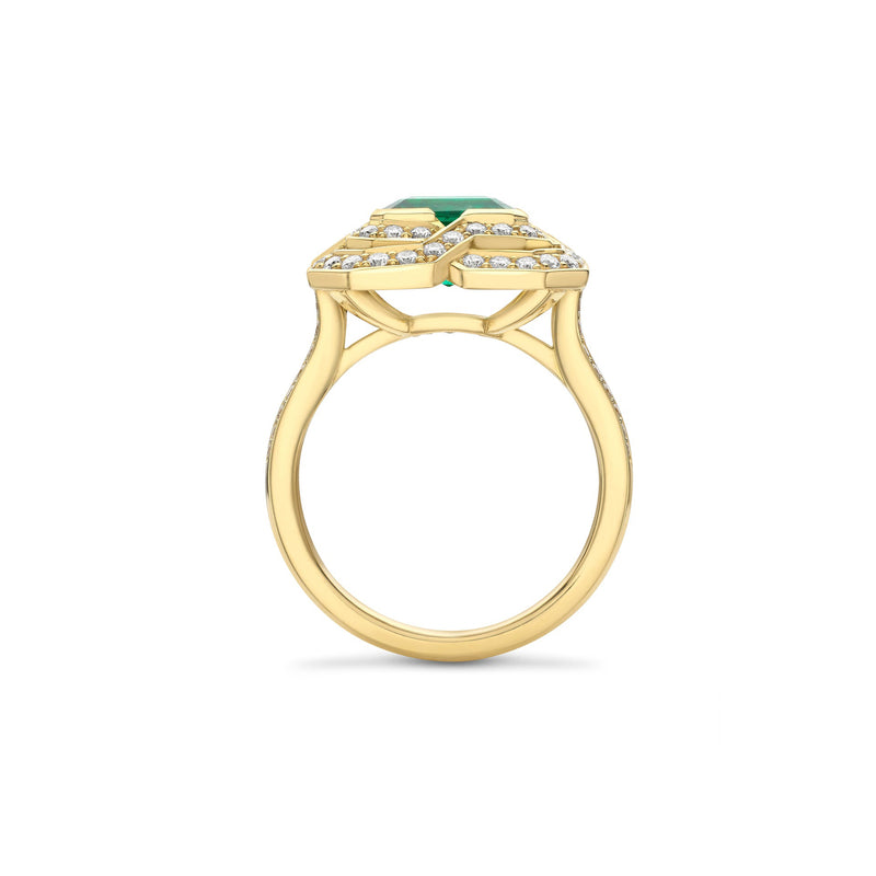 Pavilion Emerald and Diamond Yellow Gold Ring