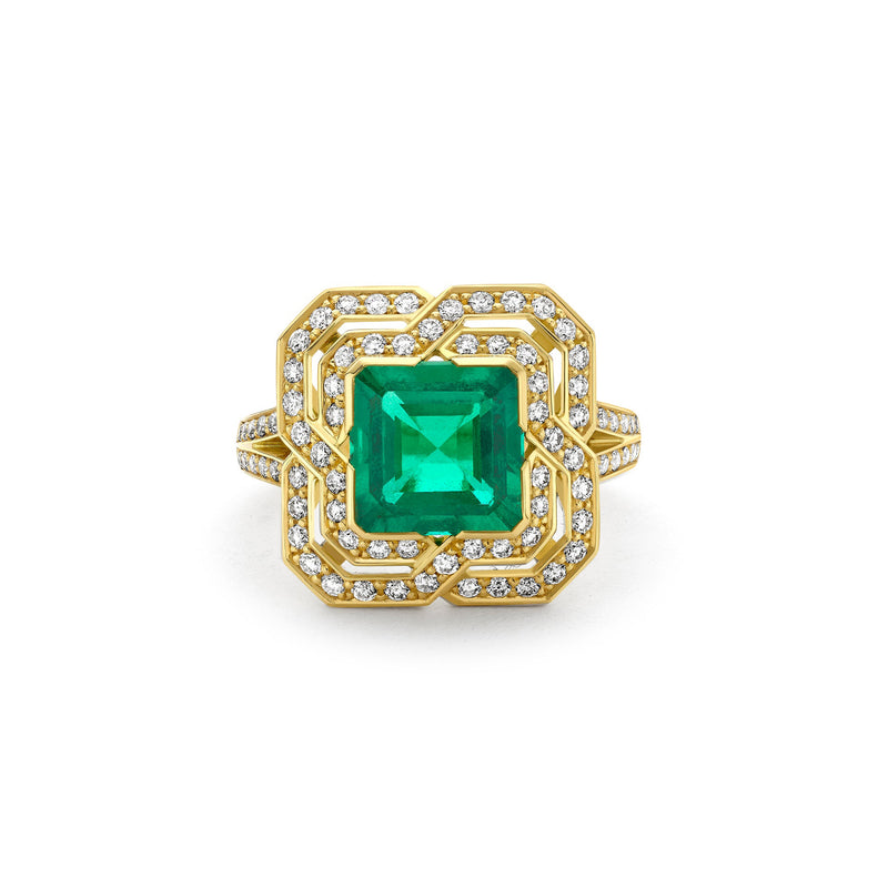 Pavilion Emerald and Diamond Yellow Gold Ring
