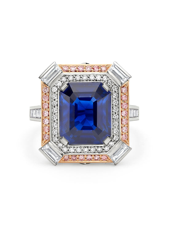 Vintage Octagonal Sapphire Platinum and Rose Gold Ring