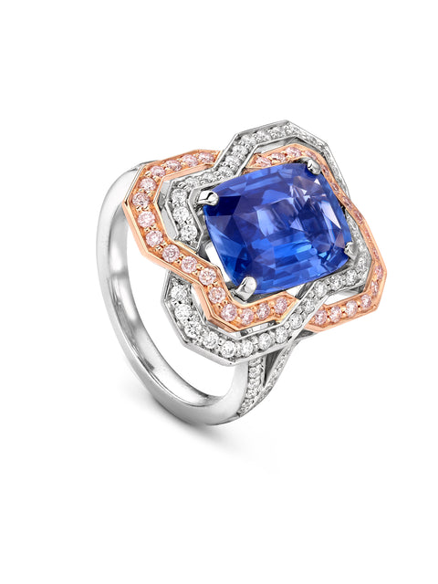 Pavilion Sapphire and Pink Diamond Platinum Ring