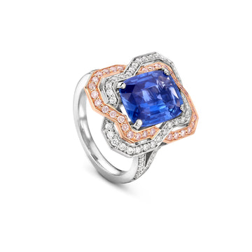 Pavilion Sapphire and Pink Diamond Platinum Ring
