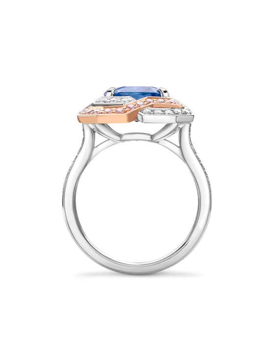 Pavilion Sapphire and Pink Diamond Platinum Ring