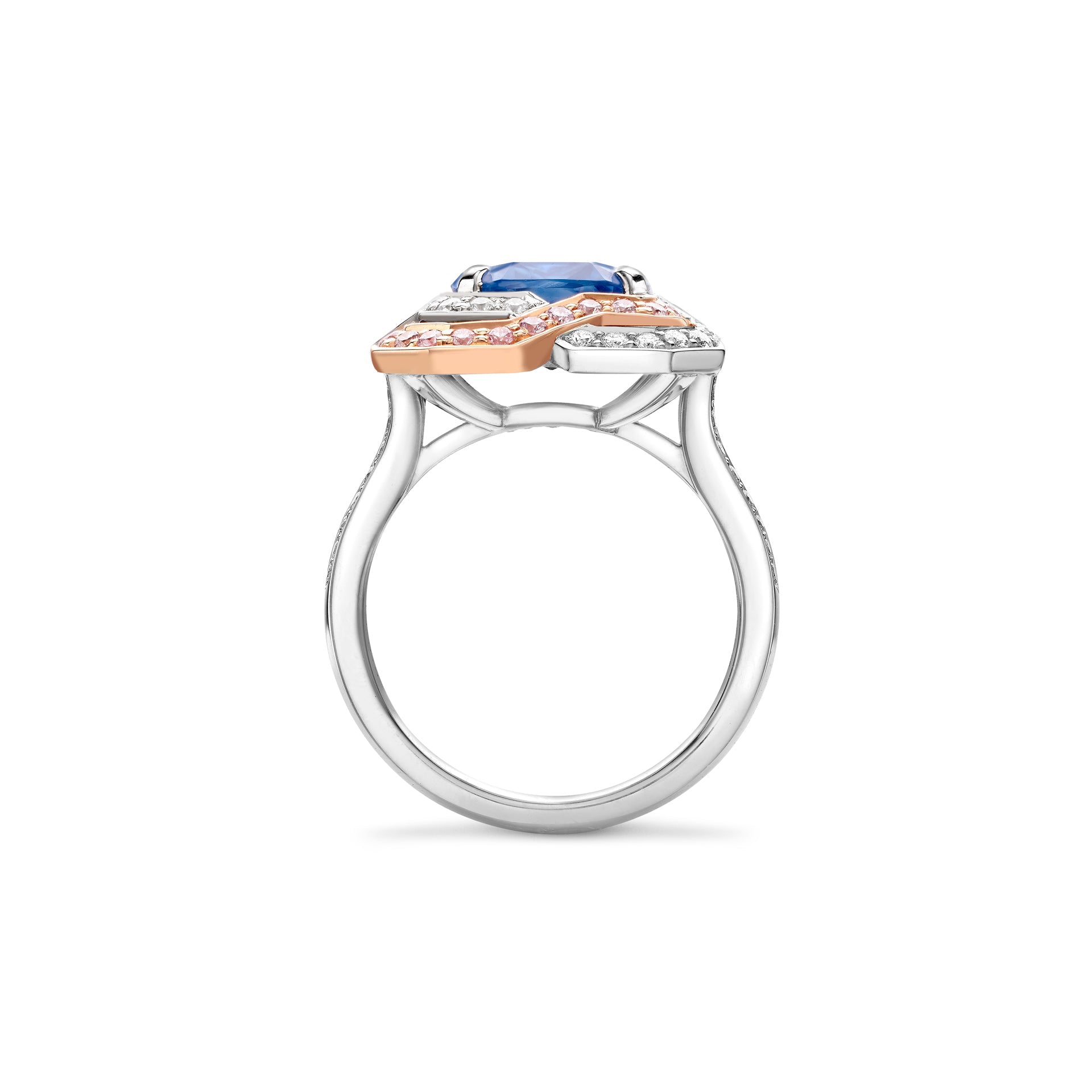 Pavilion Sapphire and Pink Diamond Platinum Ring