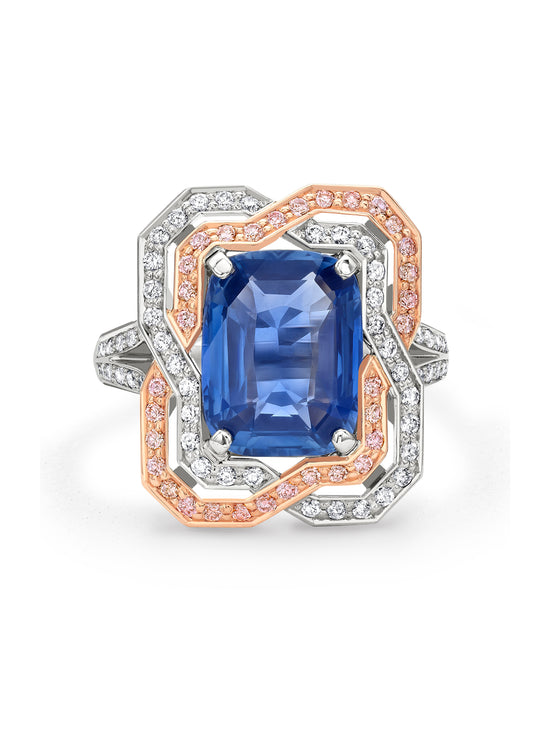 Pavilion Sapphire and Pink Diamond Platinum Ring