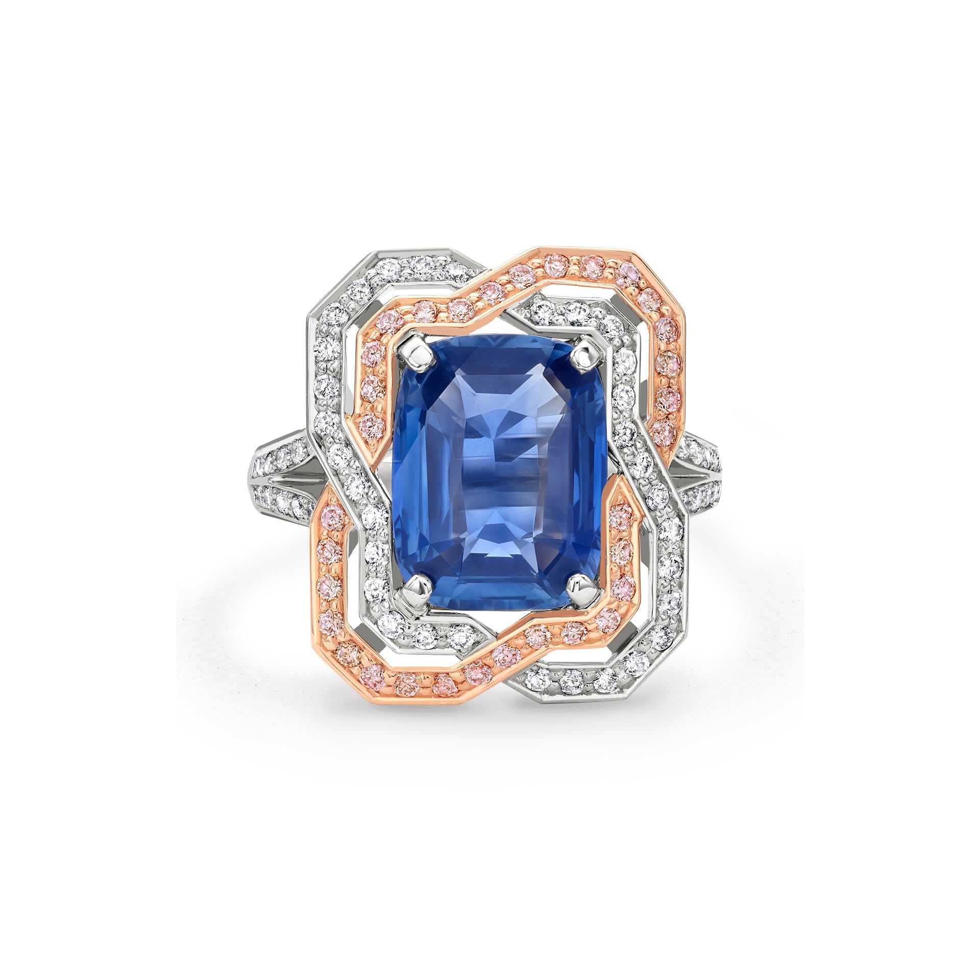 Pavilion Sapphire and Pink Diamond Platinum Ring