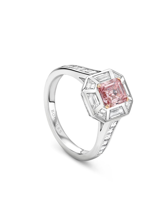 Art Deco Pink and White Diamond Platinum Ring